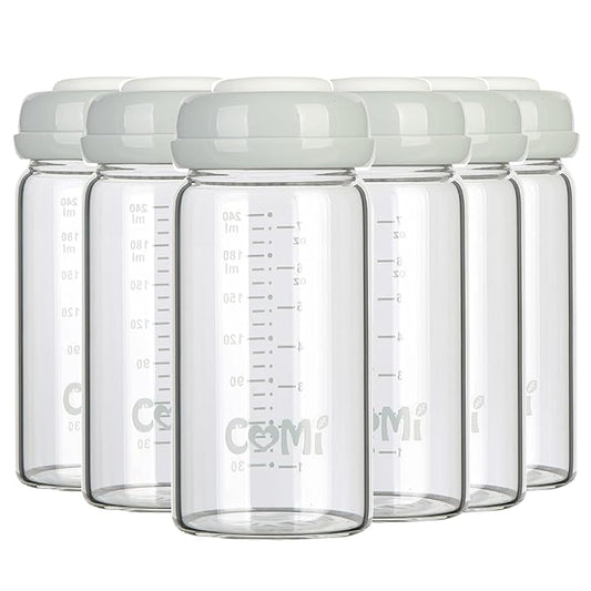 COMI Wide Neck Glass Breastmilk Collection n Storage Bottle, 8oz with Screw Ring Sealing Disk; Re-markable Sealing Disc. BPA Free, Fits Breast Pumps & Nipples (6 Gray Lids)-BubblyBeeBaby