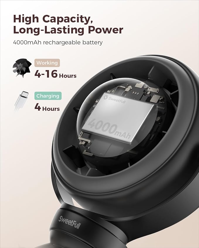 SWEETFULL Baby Stroller Fan - 4000mAh Rechargeable 4-Speed Quiet with LED Display & Night Light, Mini Portable 360° Clip On Safe Fan for Car Seat, Crib, Travel - Black-BubblyBeeBaby