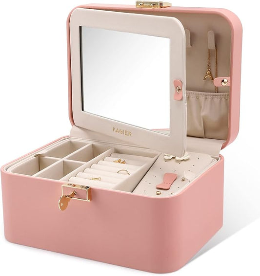 KAMIER Jewelry Boxes for Women, 2 Layers PU Leather Travel Jewelry Box, Large Capacity, Double Lock and Large Mirror, Hidden Necklace Hooks, Removable Dividers, Gift Box Packaging, Pink-BubblyBeeBaby