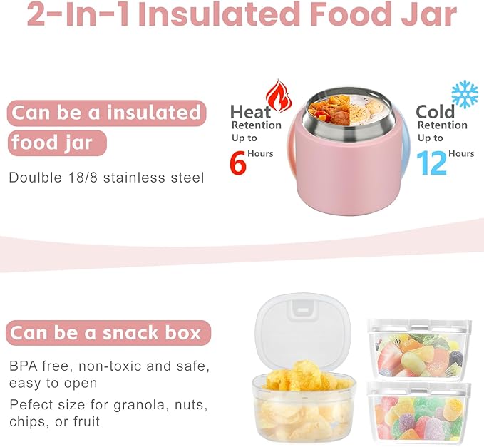 2-in-1 Insulated Food Jar & Snack Container - 15oz Kids Soup Thermos for Hot Food with Handle and Spoon, Leak Proof Reusable Toddler Snack Box, Perfect for School & Travel, Pink-BubblyBeeBaby
