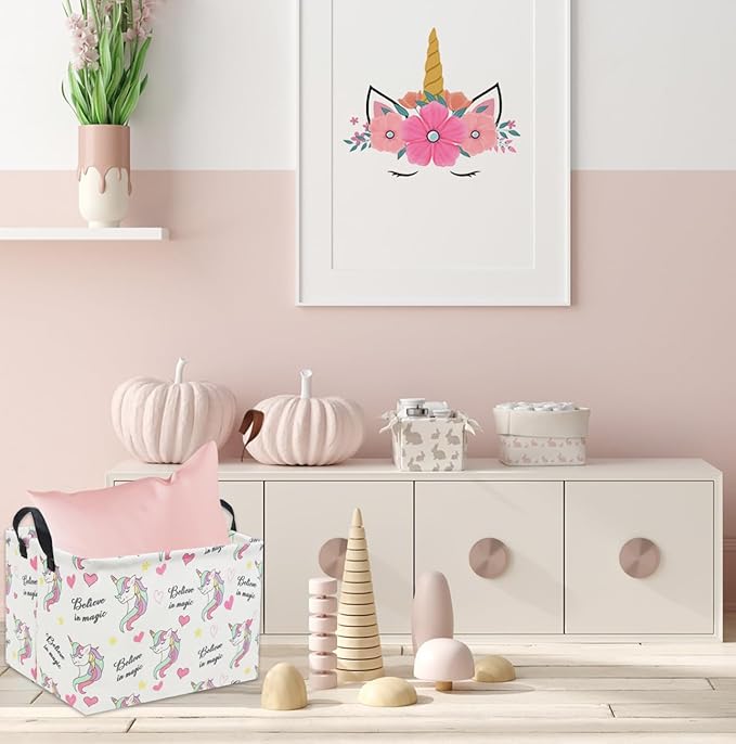 HIYAGON Rectangular Unicorn Basket Gift Baskets Empty Cute Storage Bin with Handles Nursery Room Decor(Unicorn)-BubblyBeeBaby