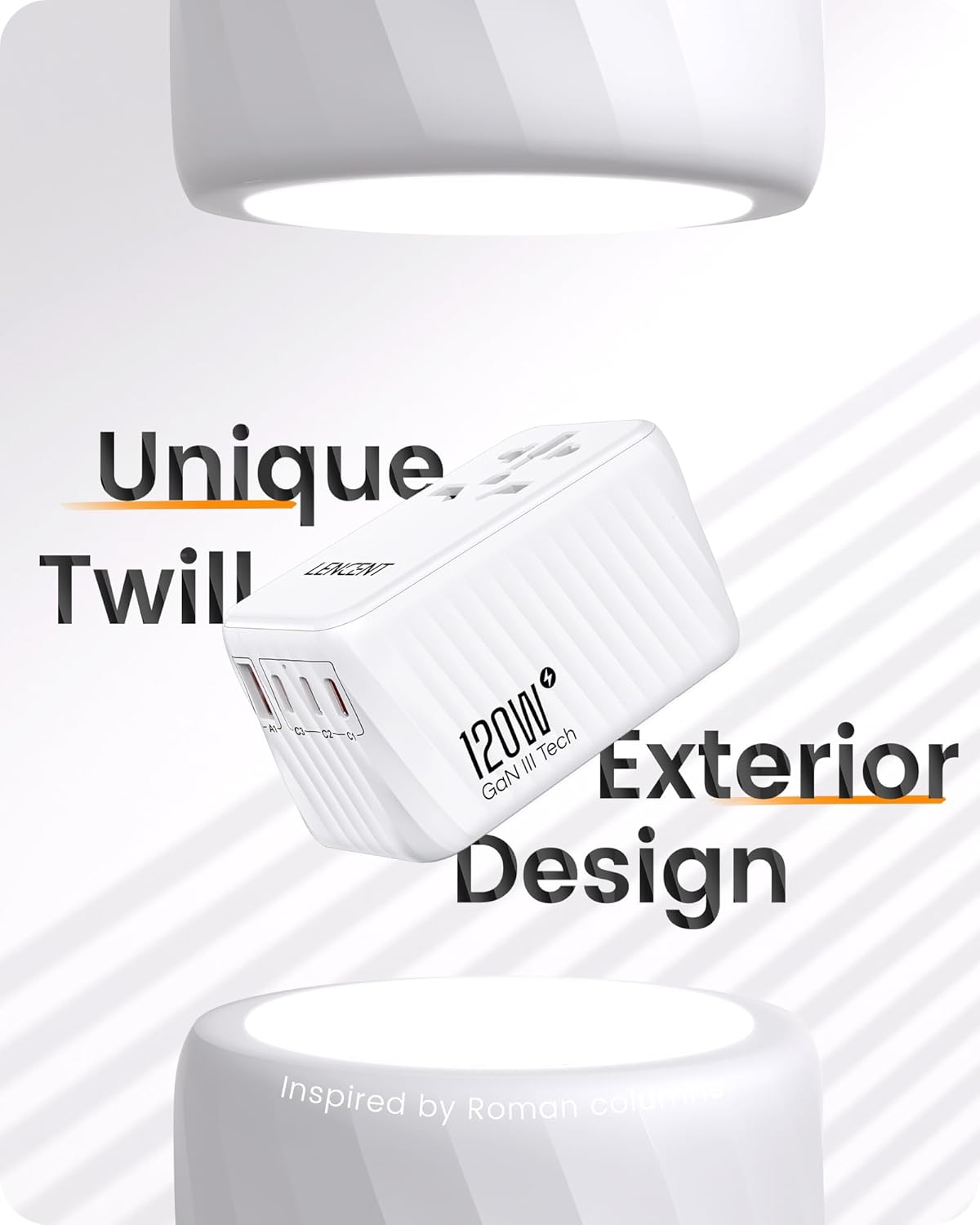 LENCENT International Travel Adapter, 120W GaN Universal Fast Charger with 3 PD3.0 Type C+1 QC USB A, All in One Power Adaptor for iPhones,Laptops, Worldwide Plug Adapter for EU/USA/UK/AU, White