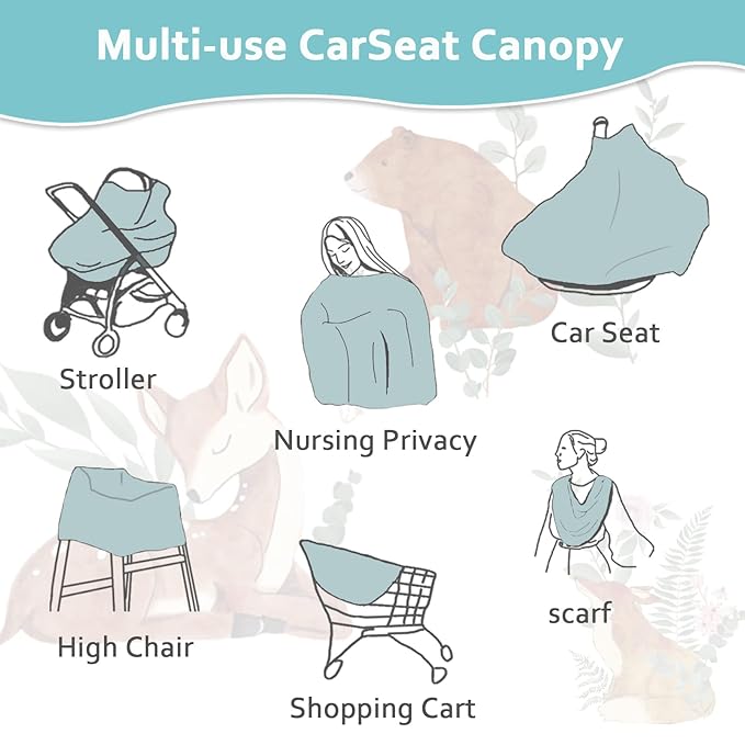 Baby Car Seat Cover, Multi-use Nursing Cover for Breastfeeding, Stretchy Stroller Cover Boys Girls, Stretchy Carseat Canopy, Soft Breathable, Woodland Animal Bear-BubblyBeeBaby