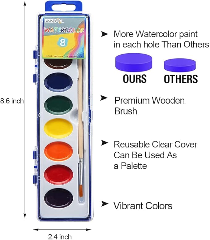 24 Count Watercolor Paints, 8 Colors, Washable, Non-Toxic, Perfect for Kids 3+-BubblyBeeBaby