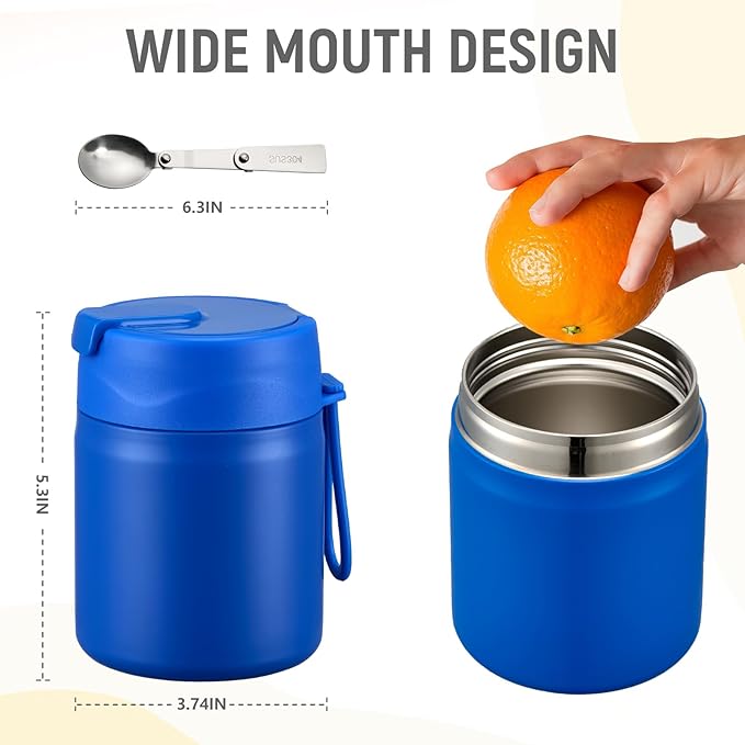 17oz Soup Thermo for Hot Food Kids Insulated Vacuum Food Jar with Stainless Steel Spoon Wide Mouth Thermo Leakproof Lunch Food Container Kids Hot Lunch Box (Blue)-BubblyBeeBaby