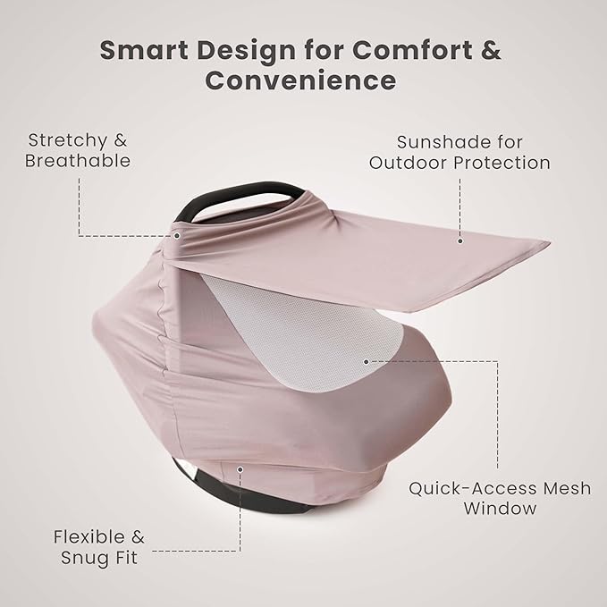 Konssy Baby Car Seat Cover with Breathable Mesh Window, Stretchy Windproof and Sunshade Canopy for Infant Car Seats, Boys and Girls-BubblyBeeBaby