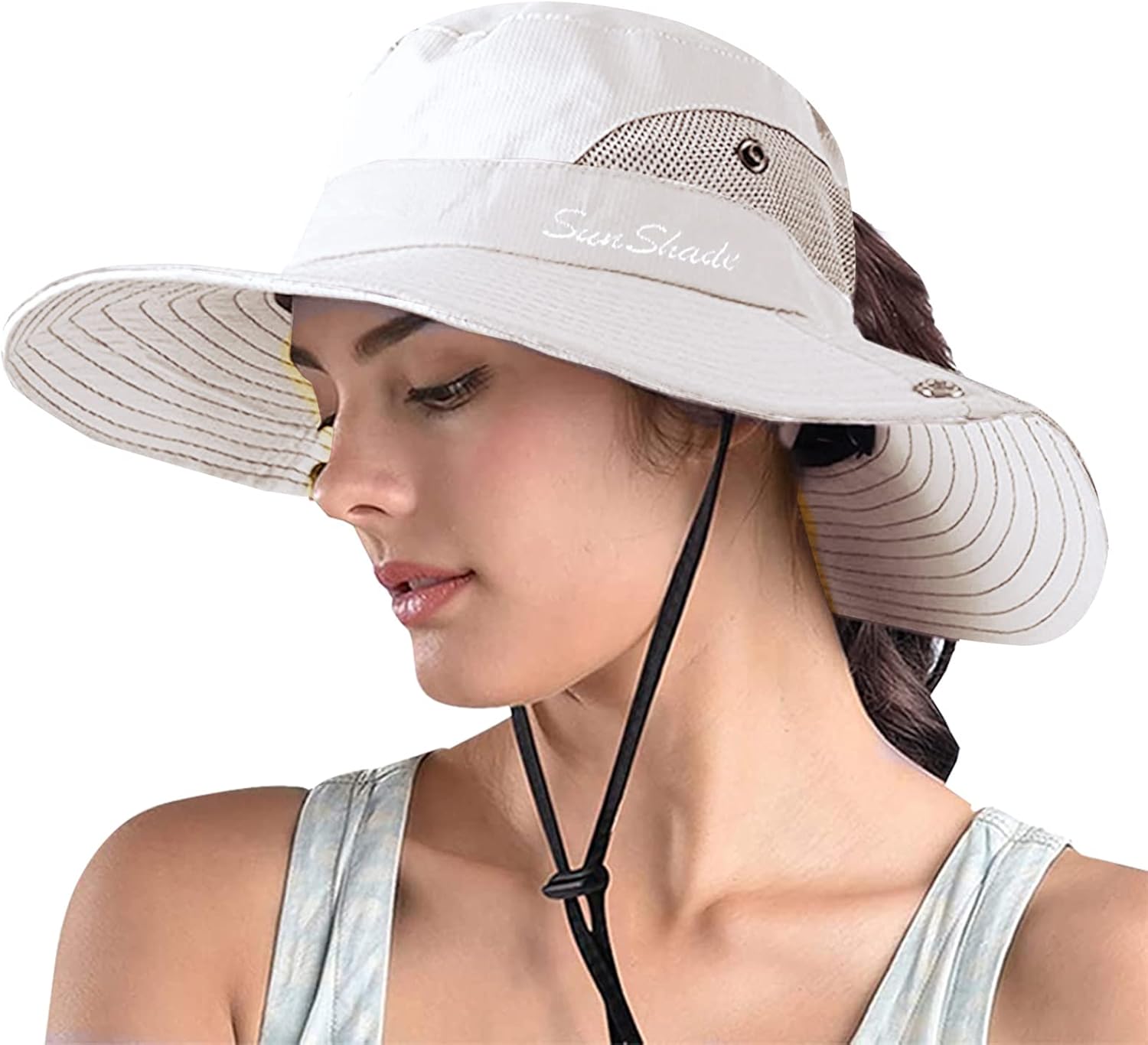 ZOORON Women's Ponytail Safari Sun Hat,Wide Brim UV Protection Outdoor Bucket Hat,Foldable Beach Summer Fishing Hat