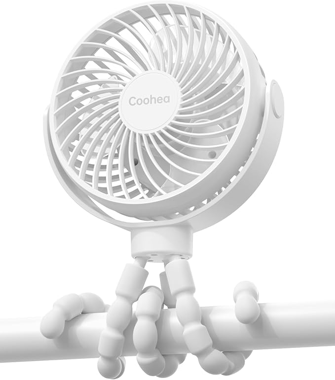 Stroller Fan Clip on for Baby, 4000mAh Rechargeable Battery Operated, Flexible Tripod, 3 Wind Speed, 360° Rotatable, Small Portable Fan for Car Seat Crib Golf Cart Bike Beach Travel, White-BubblyBeeBaby
