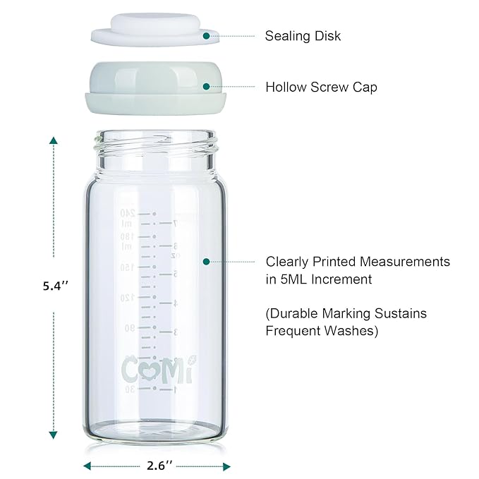 COMI Wide Neck Glass Breastmilk Collection n Storage Bottle, 6 Packs, 8oz with Screw Ring Sealing Disk; Re-markable Sealing Disc. BPA Free, Fits Breast Pumps & Nipples (3 Gray Lids + 3 Pink Lids)-BubblyBeeBaby