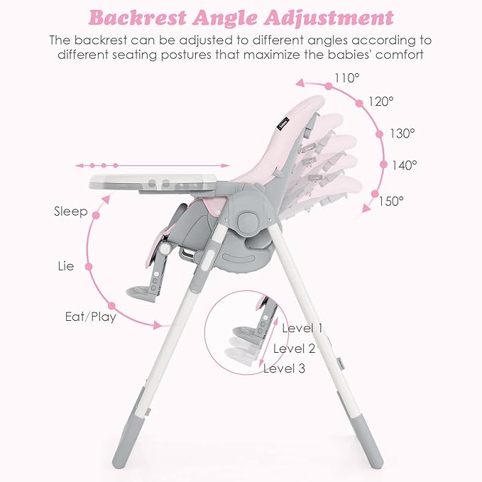 INFANS High Chair for Babies & Toddlers, Foldable Highchair with Multiple Adjustable Backrest, Footrest and Seat Height, Removable Tray, Detachable PU Leather Cushion, Built-in Rear Wheels (Pink)-BubblyBeeBaby