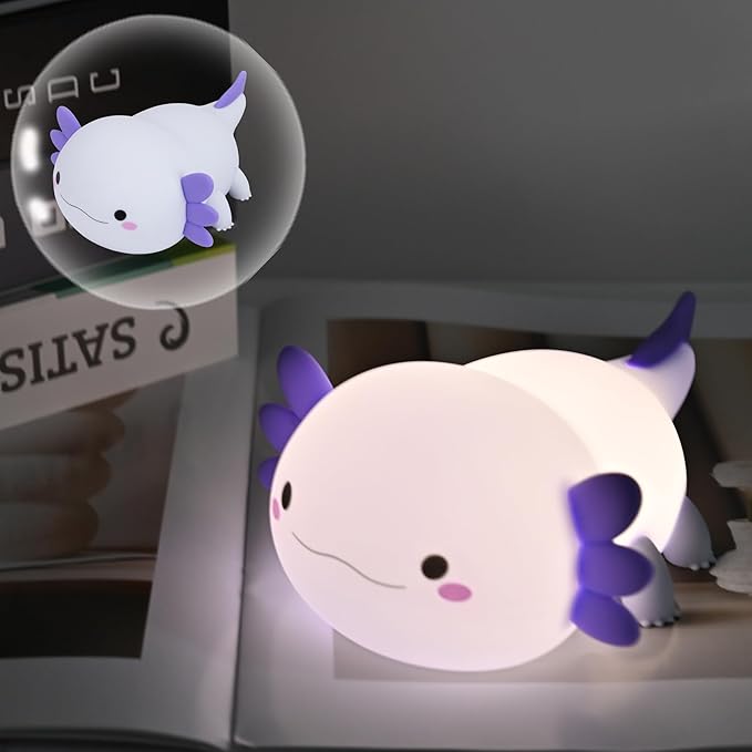 HAPPYBAG Axolotl Night Light,Cute Axolotl lamp Gifts for Kids,Dimmable Silicone Animal Nursery Night Light,Kawaii Rechargeable Bedside Touch Lamp,Baby Room Decor Axolotl Light-BubblyBeeBaby