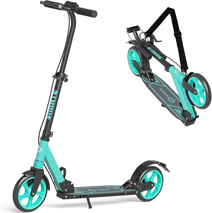 Kick Scooter for Kids Teens & Adults, 4 Adjustable Heights, 8IN All Terrain Big Wheels, Dual Brakes & Dual Suspension, Foldable and Lightweight, Gifts for Girls Boys-BubblyBeeBaby