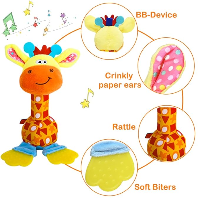 HUADADA Baby Soft Rattles Shaker, Infant Developmental Hand Grip Toys, Sensory Learning Toys with Teether, Sounds for Baby, 3-6-9-12 Months Old-BubblyBeeBaby