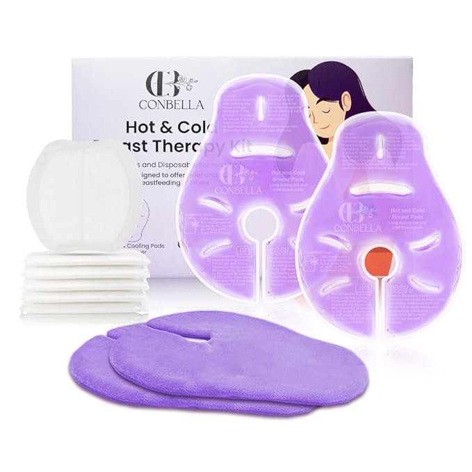 2 Larger Breast Ice Packs with Soft Covers and 6 Breast Pads for Leaking Milk, Hot and Cold Breast Therapy Packs, Breastfeeding Essentials for Relief of Clogged Ducts, Nipple Pain, Engorgement-BubblyBeeBaby