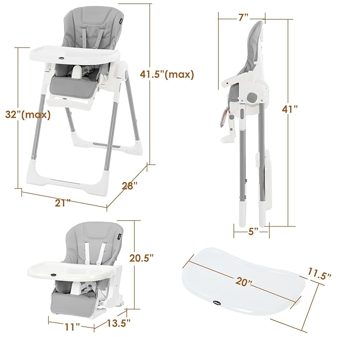 INFANS High Chair for Babies & Toddlers, Foldable Highchair with Multiple Adjustable Backrest Footrest Seat Height, Removable Tray, Detachable PU Leather Cushion Wheels (with Booster, Light Grey)-BubblyBeeBaby