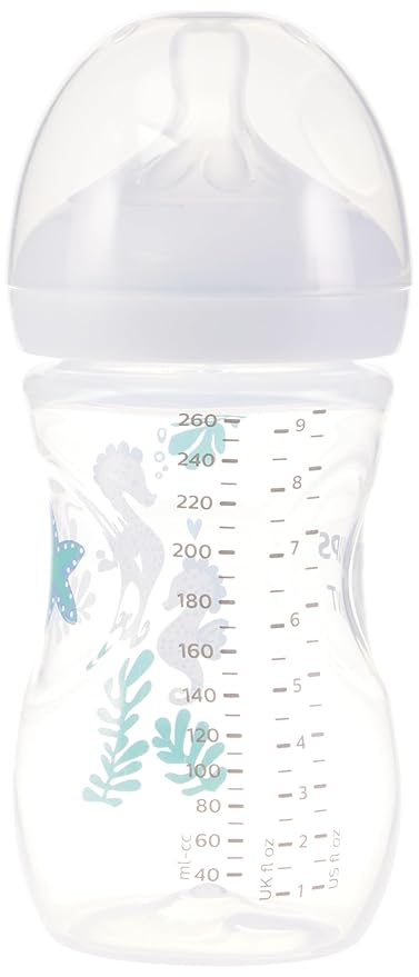 Philips Avent Natural Baby Bottles with Natural Response Nipples (Medium Flow, Flow 3), with Seahorse and Starfish Design, 9oz, 4-Pack, SCY903/68-BubblyBeeBaby