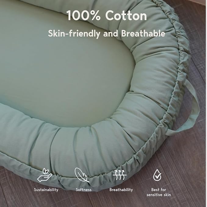 Infant Lounger, Baby Nest Cover for Baby Girls & Boys, Newborn Essentials for Baby 0-18 Months, 100% Cotton Breathable (Spring Green)-BubblyBeeBaby