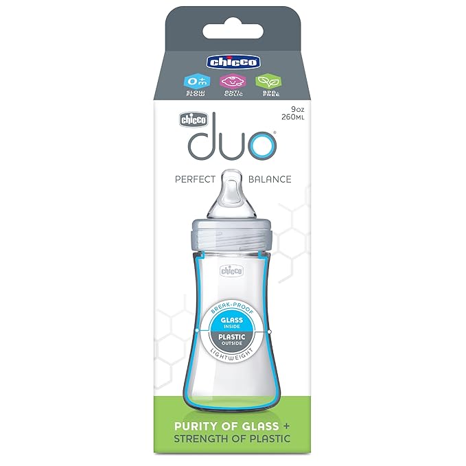 Chicco Duo 9oz. Hybrid Baby Bottle with Invinci-Glass Inside and Plastic Outside | Dishwasher, Bottle Warmer, and Electric Sterilizer Safe | Intui-Latch Nipple | Clear/Grey-BubblyBeeBaby