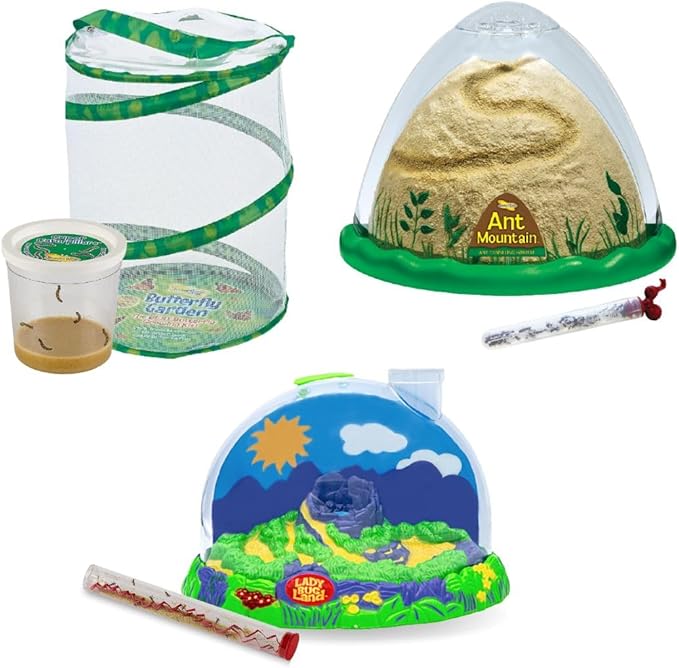 Insect Lore Bug Camp Bundle - Butterfly Kit with 5 Live Caterpillars, Ladybug Land with 1 Tube Live Larvae, Ant Mountain with 1 Tube Live Western Harvester Ants - Bonus Life Cycle Figurines & More-BubblyBeeBaby