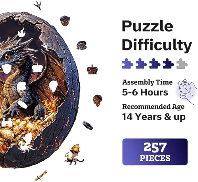 Jigfoxy Wooden Puzzle for Adults, Hatchling Dragon Wooden Jigsaw Puzzles for Adults, Unique Animal Shape Wood Cut Puzzles for Family Friend Puzzle Lovers(L-13.5 * 11.2in-257pcs)-BubblyBeeBaby