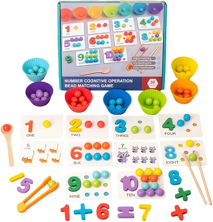 Montessori Arithmetic Math Toy Set, Toddler Wooden Montessori Toys for 2 3 4 5 6 Years Old, Number Cognitive Clip Bead Matching Game, Boy Girl Birthday Gift-BubblyBeeBaby