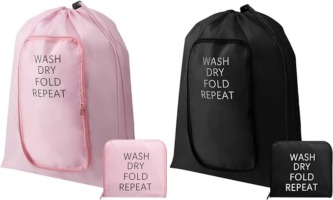 2 Pcs Travel Laundry Bag Washable Dirty Clothes Bag with Drawstring and Zipper for Suitcase, 22 x 18 Inch (Pink, Black,Classic)-BubblyBeeBaby