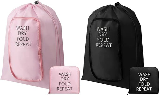 2 Pcs Travel Laundry Bag Washable Dirty Clothes Bag with Drawstring and Zipper for Suitcase, 22 x 18 Inch (Pink, Black,Classic)-BubblyBeeBaby