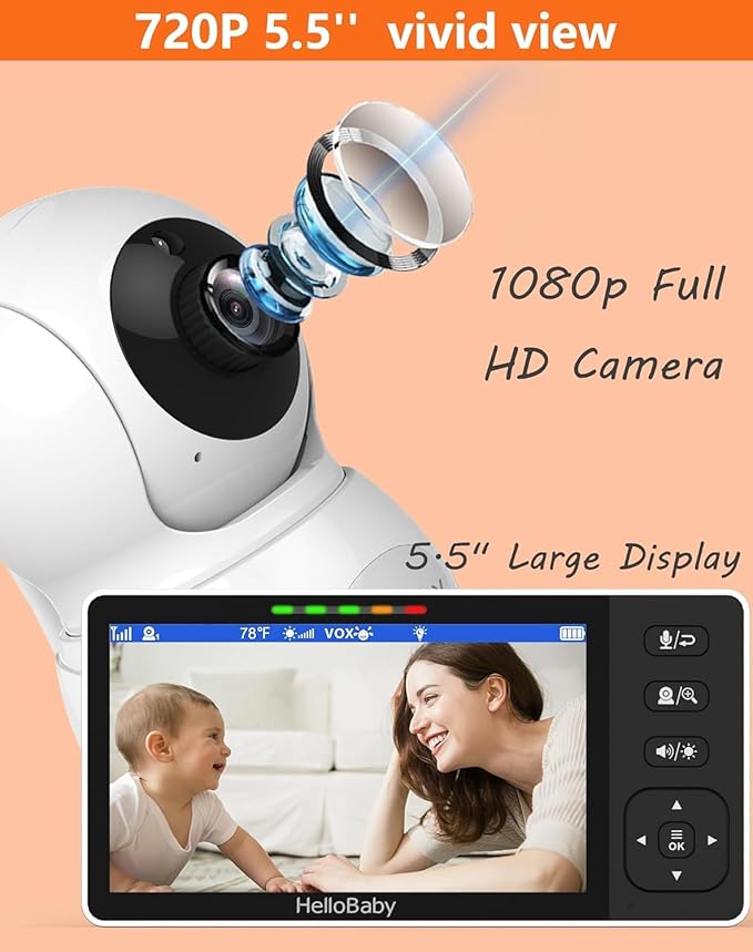 HelloBaby 720P 5.5'' HD Baby Monitor with Camera and Audio No WiFi, Video Baby Monitor, Remote Pan Tilt Zoom Wide View Range, 1080P Infant Camera, Night Light, Hack Proof, 4000mAh Battery, 1000ft-BubblyBeeBaby