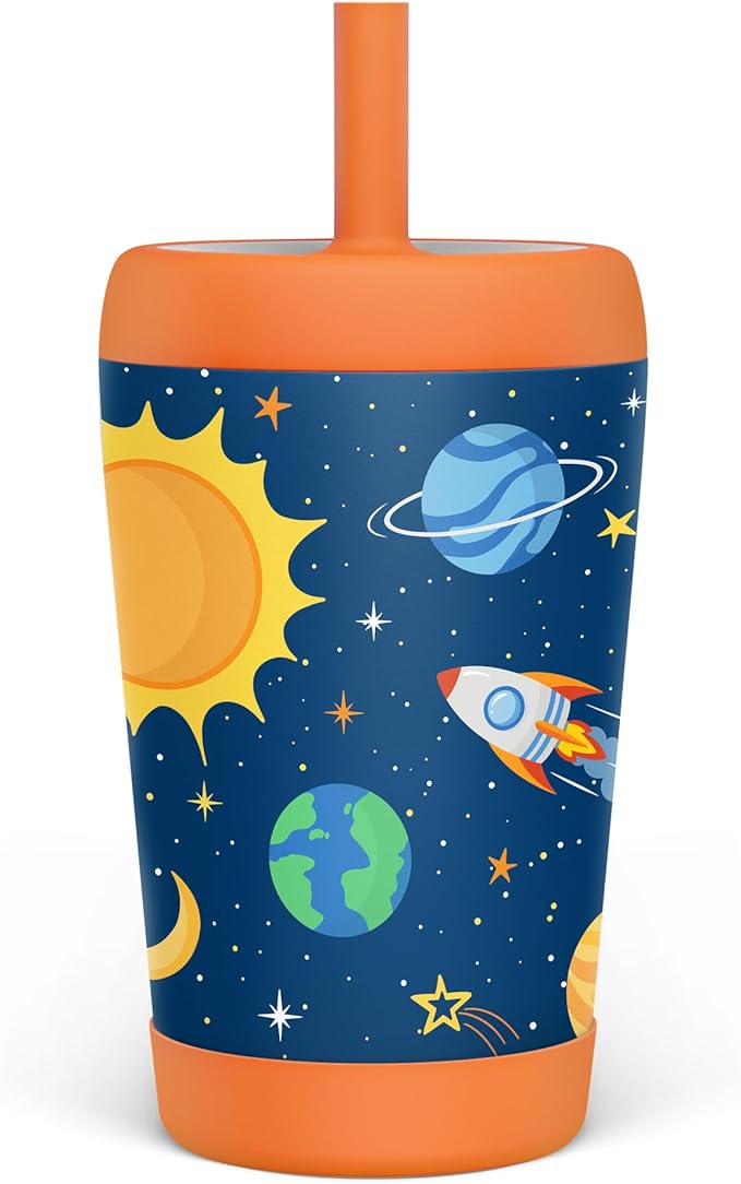 Kid Insulated Stainless Steel Tumbler with Silicone Straw, 12oz Sippy Cup for Kids (Outer Space)-BubblyBeeBaby