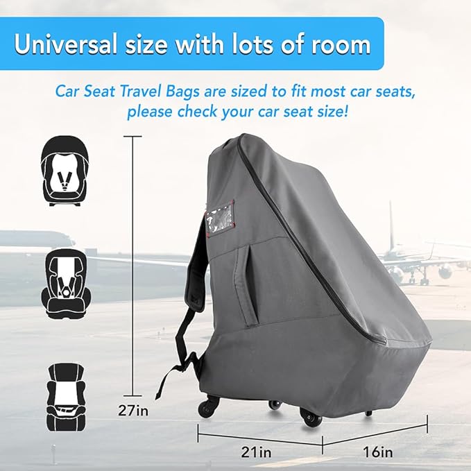 Car Seat Travel Bag with Wheels Heavy Duty Water-resistant Protective Cover for Airplane Travel & Rolling Design, Padded Handle,Padded Adjustable Strap (Grey)-BubblyBeeBaby
