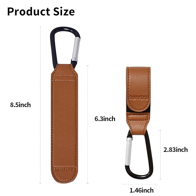Stroller Hooks for Hanging, 2 PCS Durable Leather Style Stroller Clip Straps, Baby Stroller Hooks for Diaper Bags Grocery Shopping Bags, Mommy Hook for Stroller (Brown)-BubblyBeeBaby