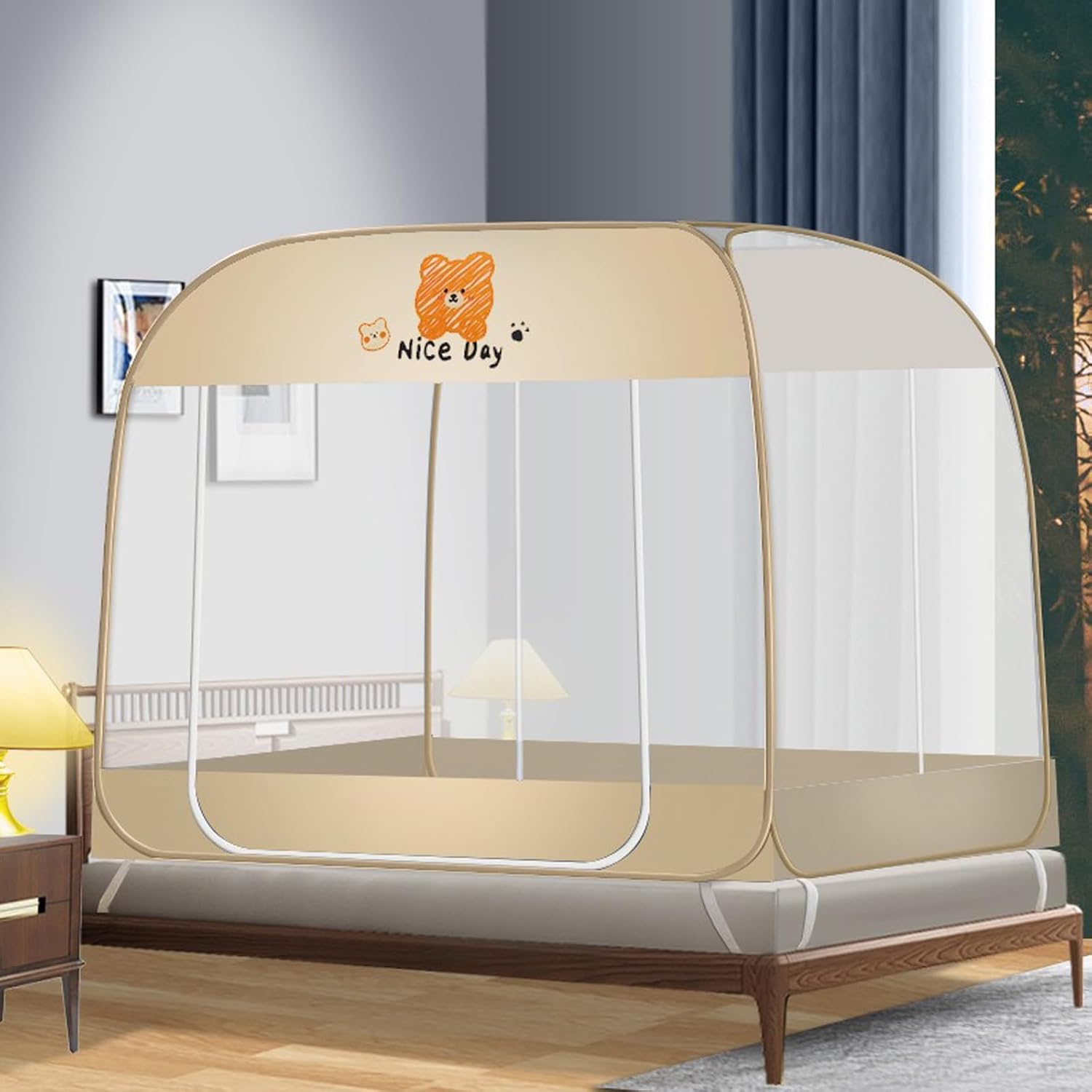 CMINGJ Mosquito Net for Bed, Portable pop up Mosquito Netting with Bottom, Free Installation-Suitable for Bedroom, Camping, Folding Portable Design for Baby Adults (Orange Bear) L79 x W71 x H61