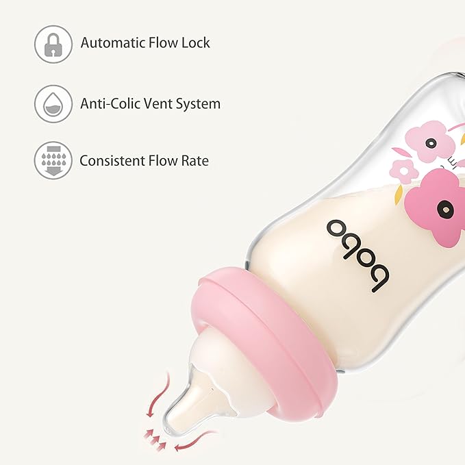 YOHKOH Natural Glass Baby Bottle with Natural Response Nipple, Newborn Anti-Colic Baby Bottles, Wide Neck Mushroom Cap Baby Bottle, Clear ((5.4oz (Pack of 4), Red-1)-BubblyBeeBaby