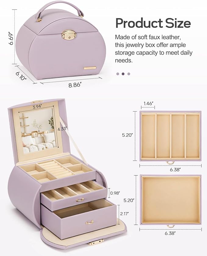Homde Girls Jewelry Box Jewelry Storage Case Organizer Faux Leather with Mirror for Rings, Earrings, Bracelets, Necklaces (Grey Purple)-BubblyBeeBaby