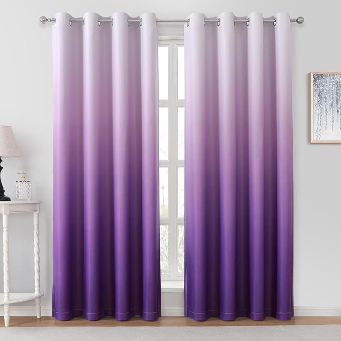 HOMEIDEAS Purple Ombre Blackout Curtains 52 X 96 Inch Length Gradient Room Darkening Thermal Insulated Energy Saving Grommet 2 Panels Window Drapes for Living Room/Bedroom-BubblyBeeBaby