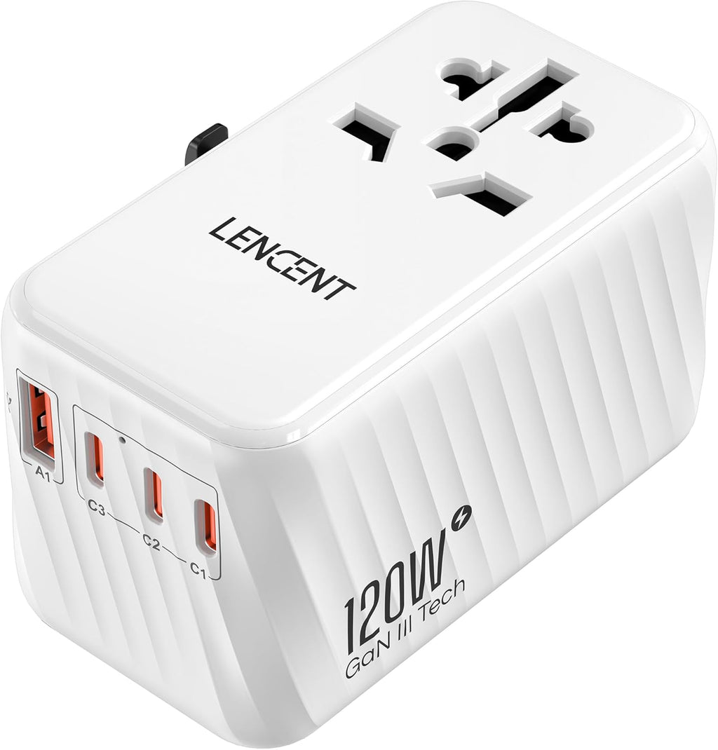 LENCENT International Travel Adapter, 120W GaN Universal Fast Charger with 3 PD3.0 Type C+1 QC USB A, All in One Power Adaptor for iPhones,Laptops, Worldwide Plug Adapter for EU/USA/UK/AU, White