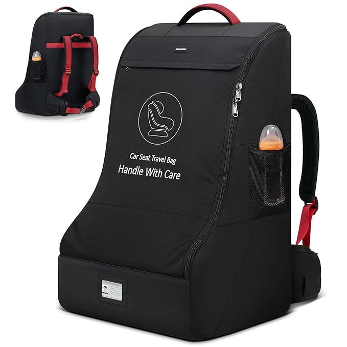 RAINSMORE Padded Car Seat Travel Bag for Airplane Heavy Duty Car Seat Backpack for Air Travel Baby Carseat Cover Bags for Airport Large Car Seats Carrier Fits Car Seats & Booster Seats, Black-BubblyBeeBaby