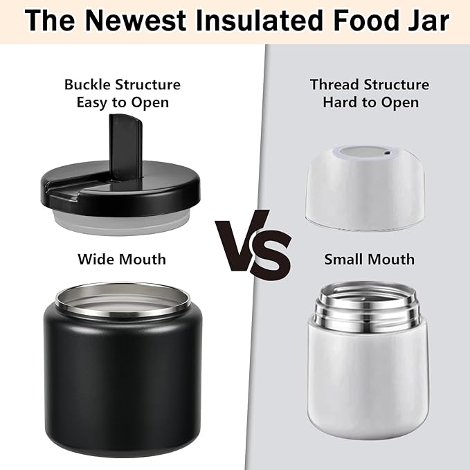 26oz Kids Thermos for Hot Food, Insulated Vacuum Food Jar with Buckle Lid, Stainless Steel Wide Mouth Leak Proof Insulated Lunch Container for School Picnic Travel, Black-BubblyBeeBaby