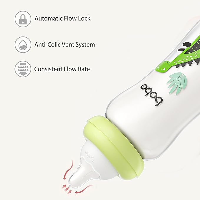 YOHKOH Natural Glass Baby Bottle with Natural Response Nipple, Newborn Anti-Colic Baby Bottles, Wide Neck Mushroom Cap Baby Bottle, Clear (8.8ounce (Pack of 2), Green2)-BubblyBeeBaby