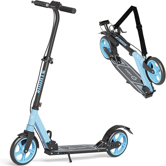 Kick Scooter for Kids Teens & Adults, 4 Adjustable Heights, 8IN All Terrain Big Wheels, Dual Brakes & Dual Suspension, Foldable and Lightweight, Gifts for Girls Boys-BubblyBeeBaby
