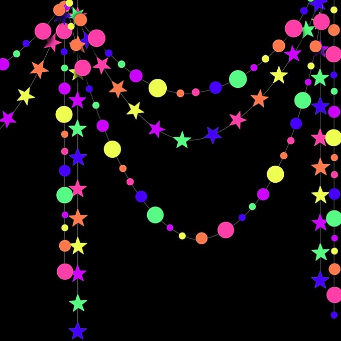 108feet UV Round Dot Star Kit Neon Paper Garland Glow in The Dark Party Favors Streamers Banner for Black Party Supplies UV Reactive Circle Dot Star Garland Wedding Birthday Glow Party Supplies…-BubblyBeeBaby