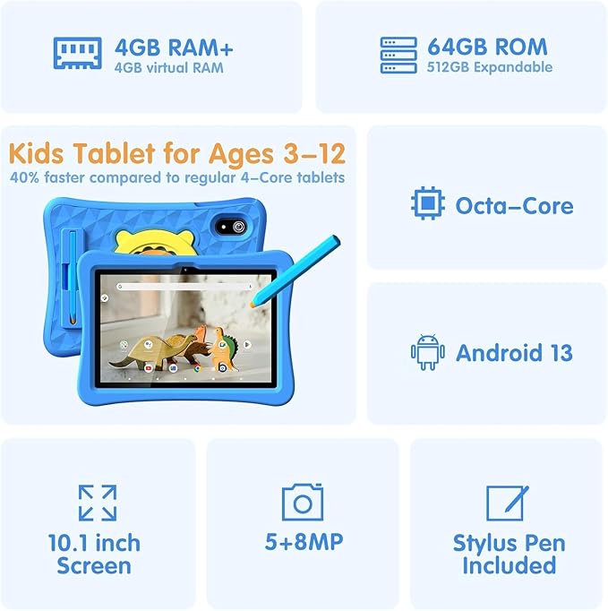 10.1 Inch Kids Tablet with Stylus & Case | Octa-Core 8GB RAM 64GB ROM | 7000mAh Android Tablet for Ages 3-12 | Parental Control, Pre-Installed Apps & GMS Certified-BubblyBeeBaby