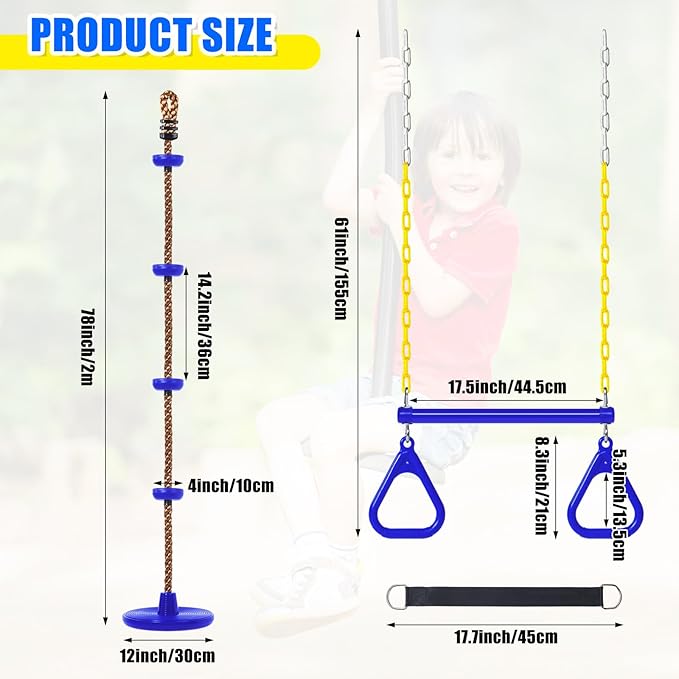 Hungdao 2 Set Gym Ring Trapeze Swing Bar and Climbing Rope with Platforms Disc Heavy Duty Coated Chains Seat Accessories for Outdoor Indoor Playground Backyard(Blue)-BubblyBeeBaby