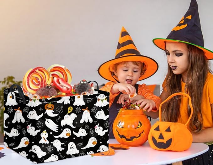 HIYAGON Rectangular Halloween Basket for Boys and Girls Kids Trick or Treat Pumpkin Basket for Halloween Parties Cute Storage Bin Organizer Box Room Decor(Black ghost)-BubblyBeeBaby