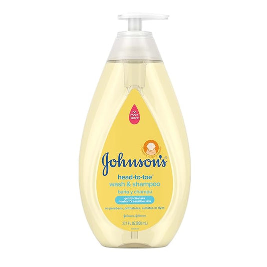 Johnson's Head-to-Toe Gentle Tear-Free Baby & Newborn Wash & Shampoo, Sulfate-, Paraben- Phthalate- & Dye-Free, Hypoallergenic Wash for Sensitive Skin & Hair, 27.1 fl. Oz-BubblyBeeBaby