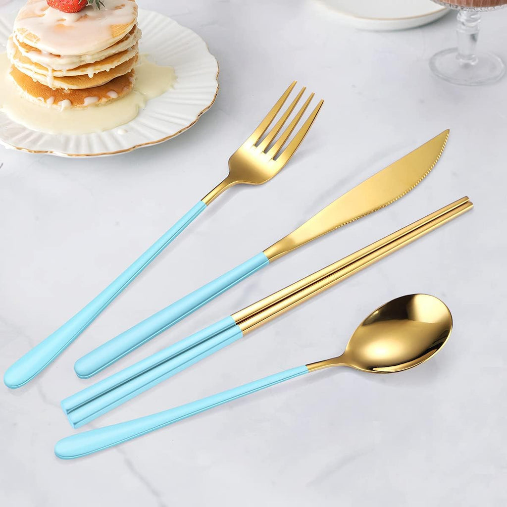 AARAINBOW 6 Pieces 18/8 Stainless Steel Flatware Set Portable Reusable Cutlery Set Travel Utensils Set Including Chopsticks Knife Fork Spoon Straws Cleaning Brush Dishwasher Safe (Light Blue Golden)