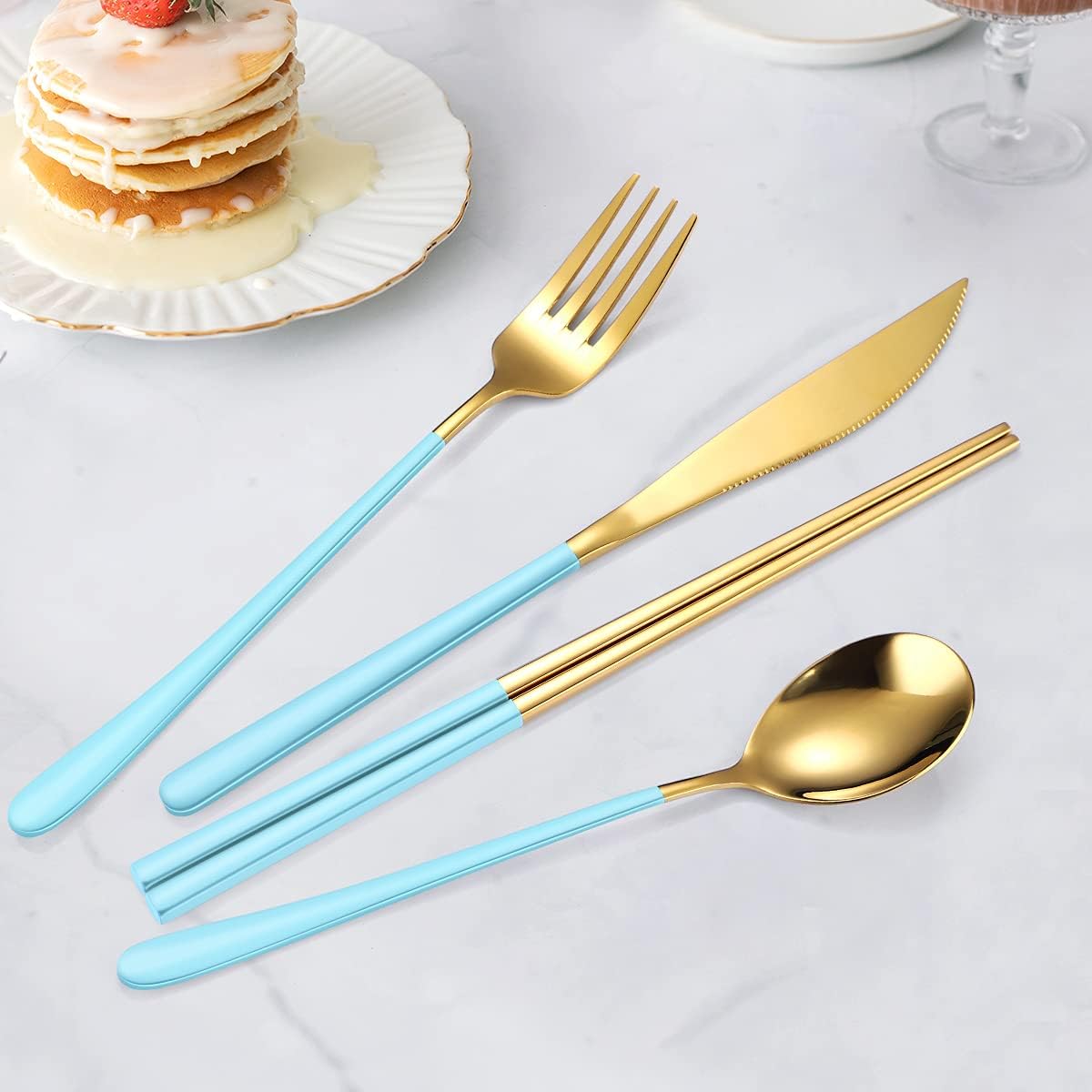 AARAINBOW 6 Pieces 18/8 Stainless Steel Flatware Set Portable Reusable Cutlery Set Travel Utensils Set Including Chopsticks Knife Fork Spoon Straws Cleaning Brush Dishwasher Safe (Light Blue Golden)