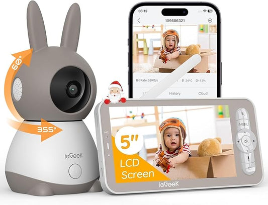 ieGeek Baby Monitor with 2K HD Resolution, Pan-Tilt-Zoom Video Baby Monitor Camera, 5'' LCD Screen & App Control, Night Vision, Cry and Motion Detection, Temp & Humidity Sensor, Two Way Audio, VOX-BubblyBeeBaby