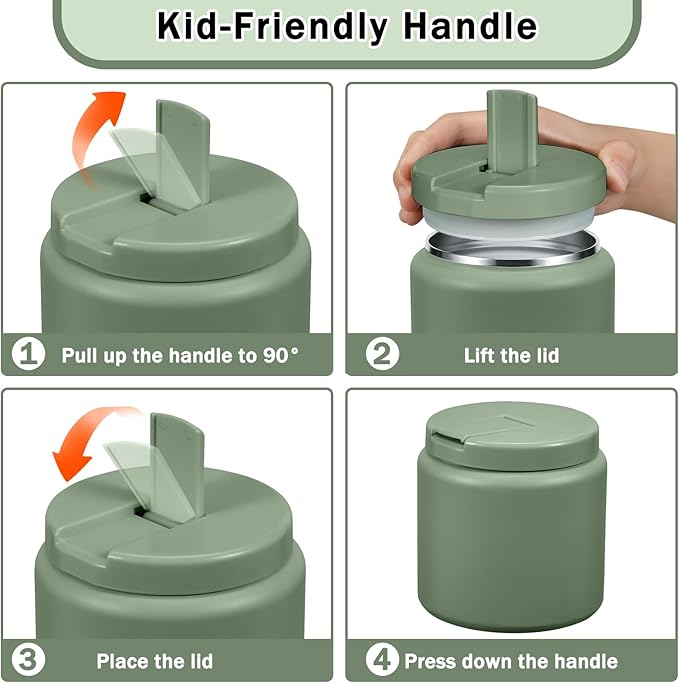 26oz Kids Jar for Hot Food, Insulated Vacuum Food Jar with Buckle Lid, Stainless Steel Wide Mouth Leak Proof Insulated Lunch Container for School Picnic Travel, Green-BubblyBeeBaby
