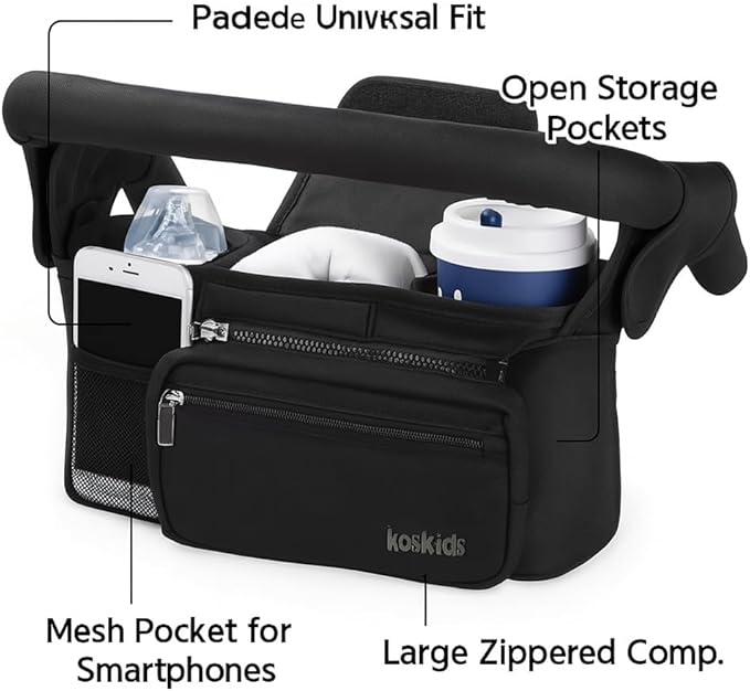 Universal Stroller Organizer with Insulated Cup Holder, Detachable Phone Bag, Shoulder Strap – Fits All Stroller Types, Keeps Drinks Hot/Cold (Black)-BubblyBeeBaby